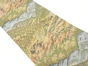 萬葉製　芒に草花・家屋模様織出し全通袋帯